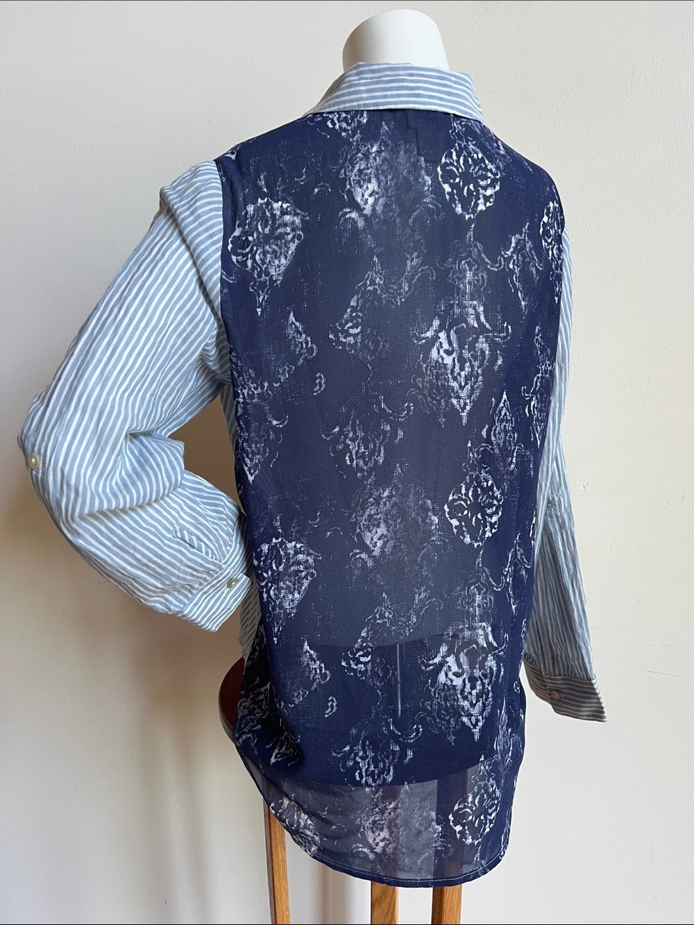 Chico's Striped Button-Down Shirt with Navy floral & Lace Back - Picture 3 of 9